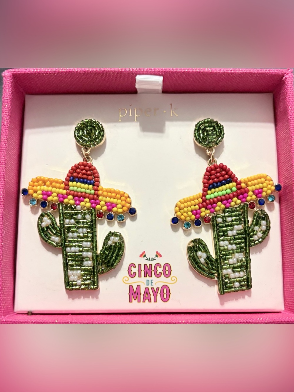 Piper.k Green Beaded Cactus Earrings with Colorful Sombreros